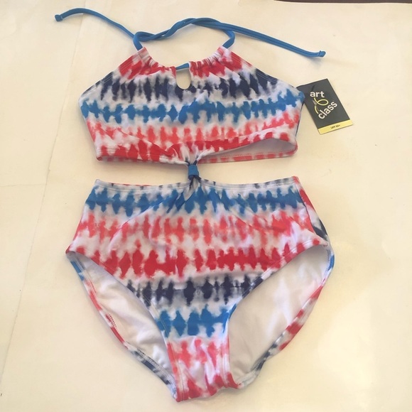 Art Class Girls' Tie-Dye Striped Cut Out Halter One Piece Swimsuit Size XL 14 - Picture 1 of 15